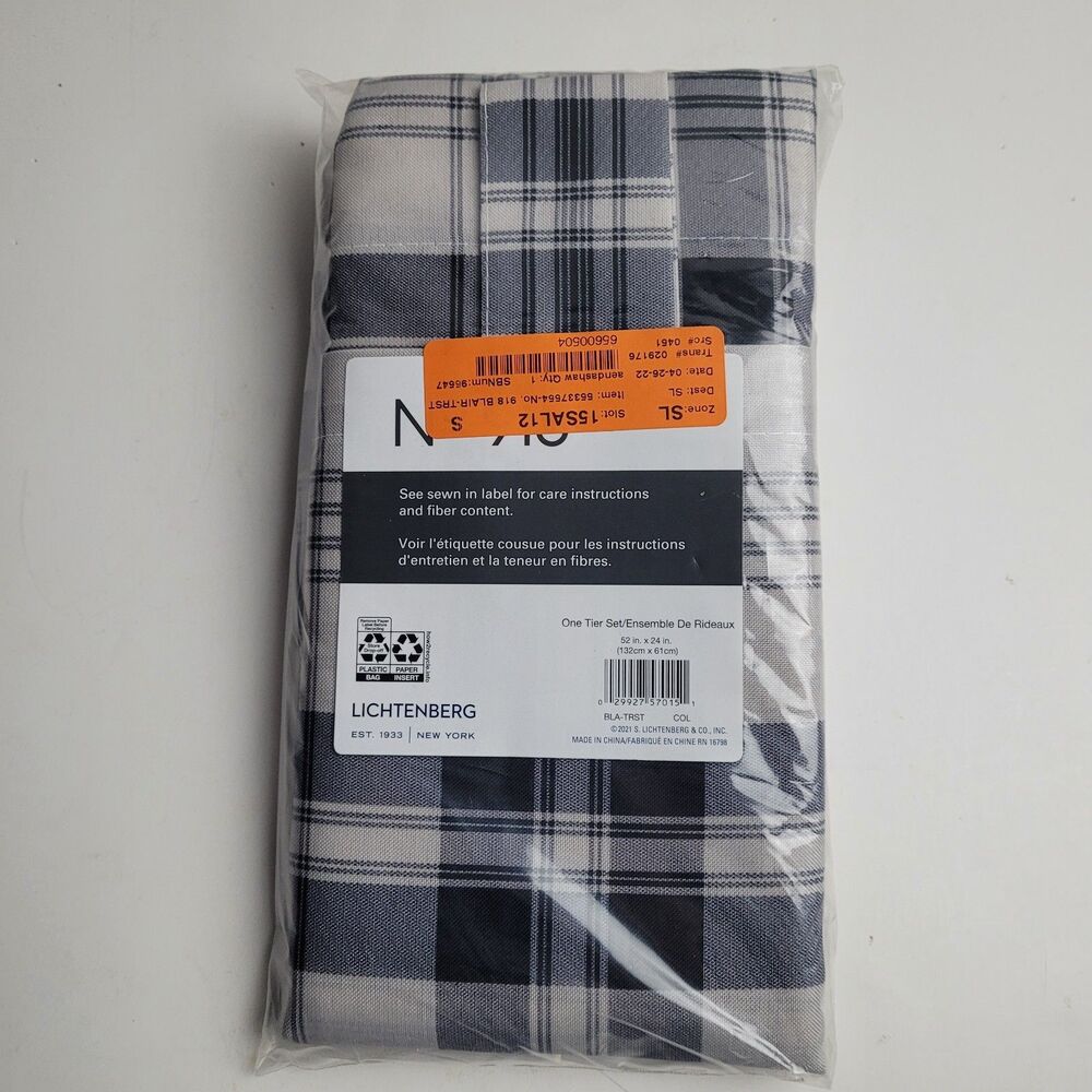 NEW No. 918 Blair Plaid Semi-Sheer Tab Top Curtain Tier Set.  'Coal' 52x24 #BT2